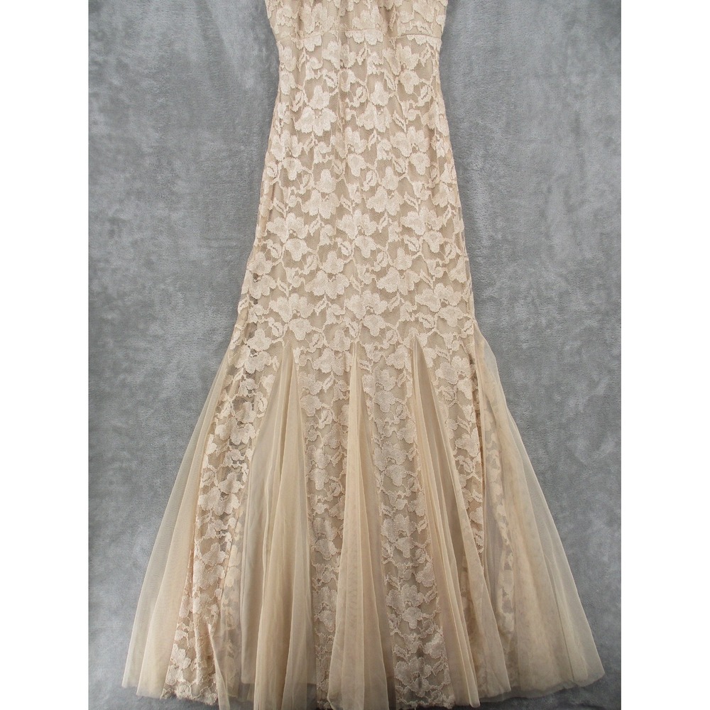 Xscape Dress Womens 4 Sheer Floral  Lace Trumpet Gown Feminine Wedding Lined Tan - Picture 3 of 14